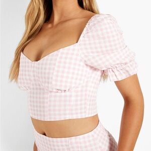 boohoo GINGHAM PRINT DENIM PUFF SLEEVE TOP